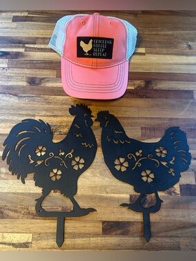 Chicken Set 2 Rooster & Hen Black Silhouette Garden Stakes & Chicken Hat